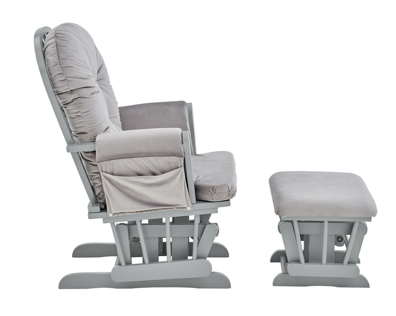 Light gray glider chair with ottoman, curved arms and tufted back on gray frame.