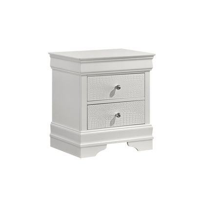 White modern 2-drawer nightstand with textured drawer fronts and metal knobs