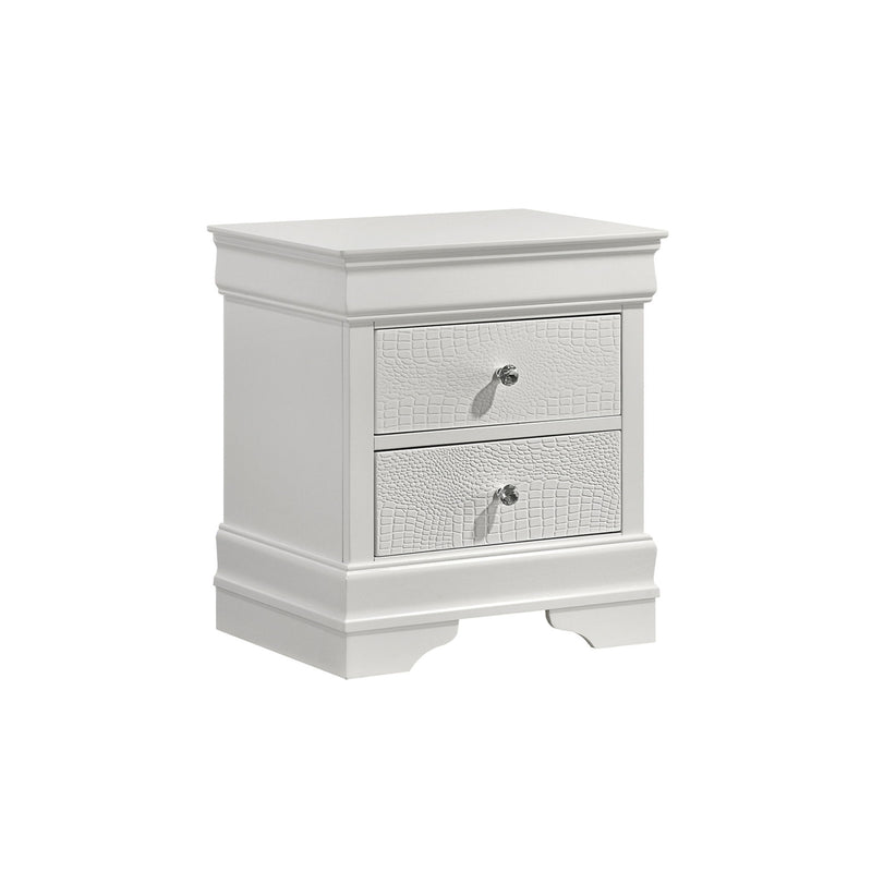 White modern 2-drawer nightstand with textured drawer fronts and metal knobs
