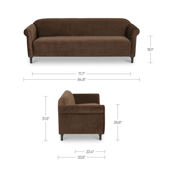 Dark brown faux mohair sofa, front view, rounded back and rolled arms
