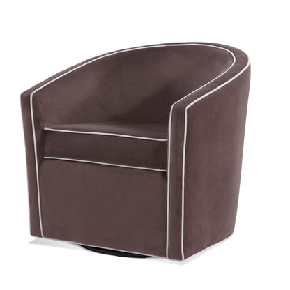 Dark brown velvet swivel chair with barrel back and white contrast piping