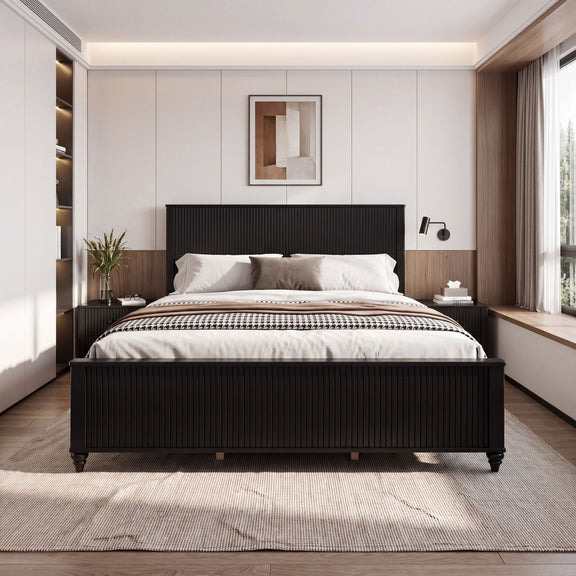 Black fluted platform bed frame with slat support and low profile headboard