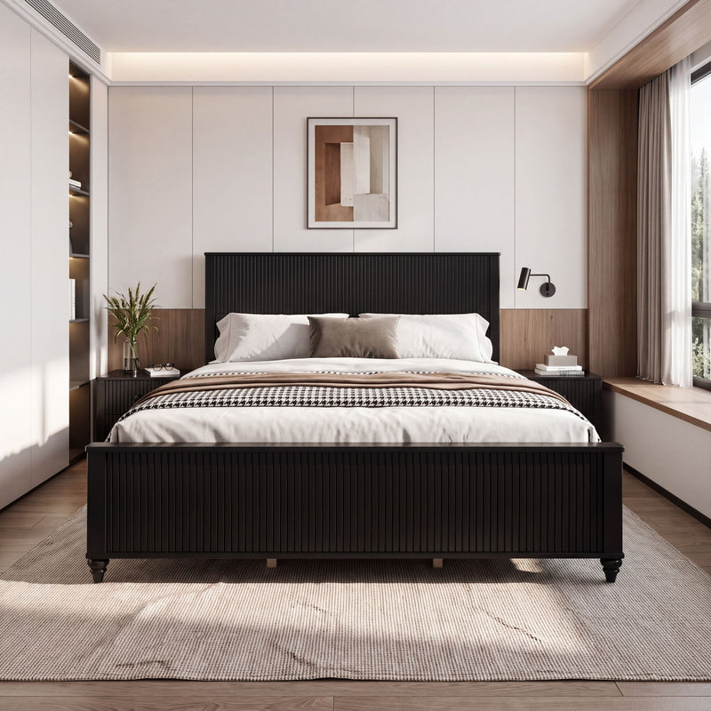 Black fluted platform bed frame with slat support and low profile headboard