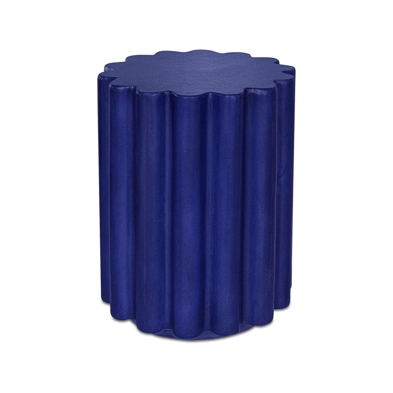 Blue accent table with round scalloped top and ribbed sides
