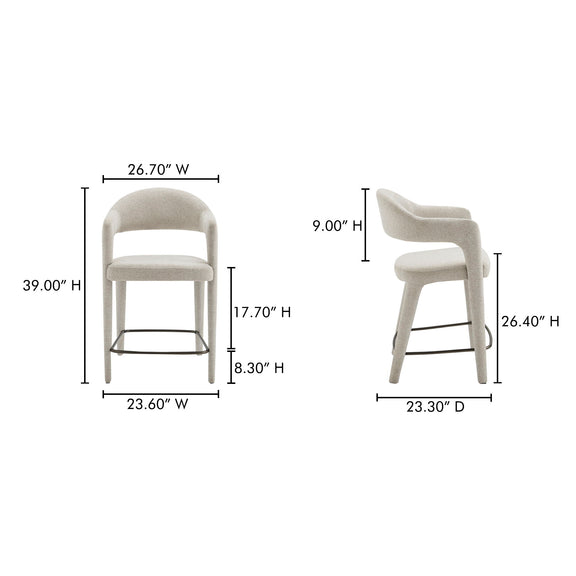 Beige counter stool dimensions: 39 inches high, 26.7 inches wide, and 23.3 inches deep