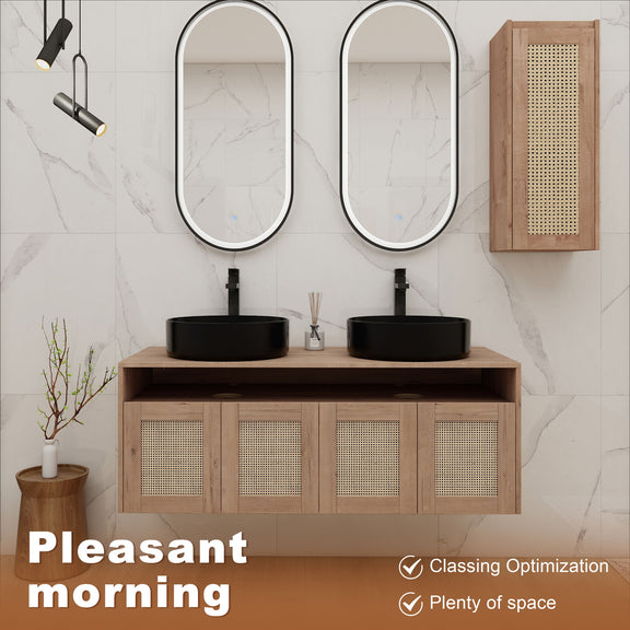 Bathroom vanity with rattan cabinet doors, double black vessel sinks, and side cabinet