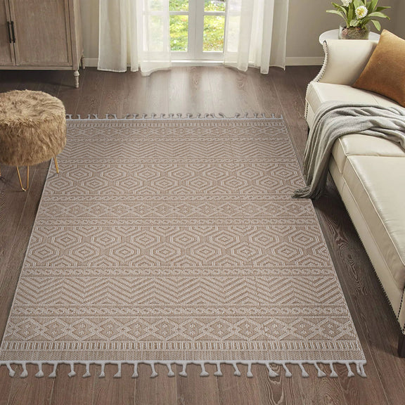 Geometric indoor/outdoor area rug in light gray with diamond and stripe pattern plus tassels