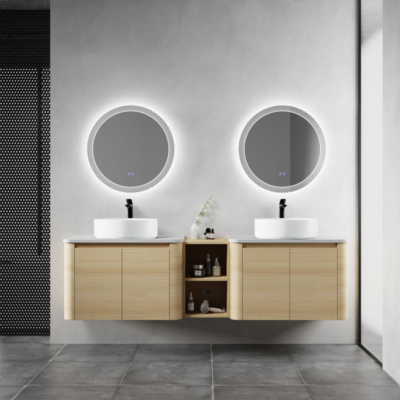 Bathroom vanity with two white round art sinks, open shelf, light wood cabinet