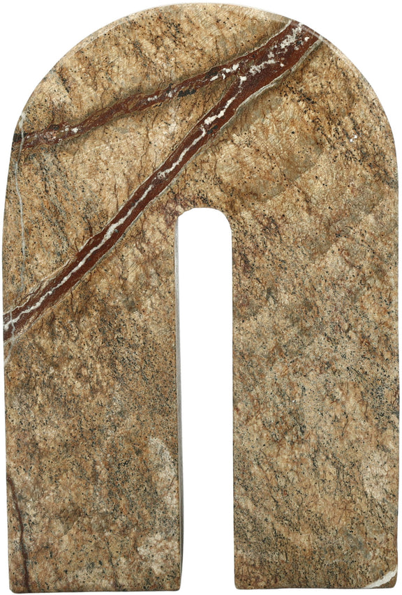 Greenish-gold marble bookend with arched cutout, prominent dark vein