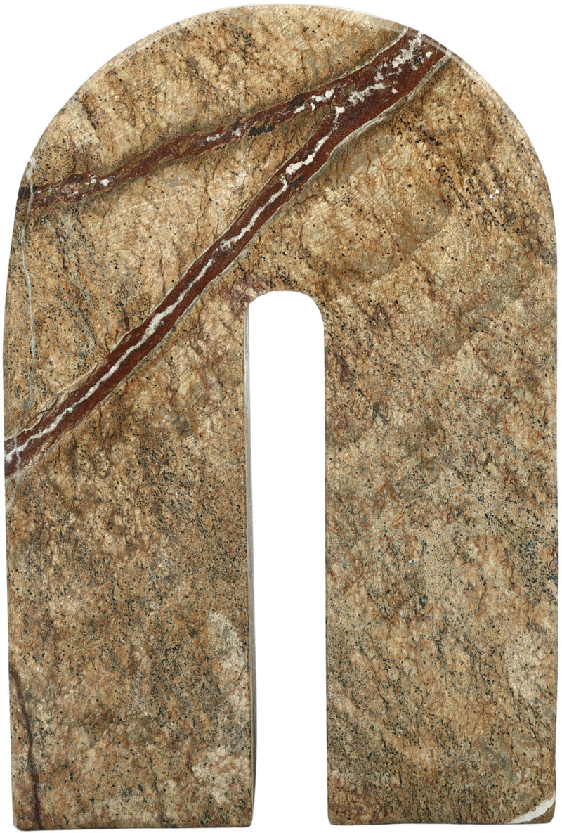 Greenish-gold marble bookend with arched cutout, prominent dark vein