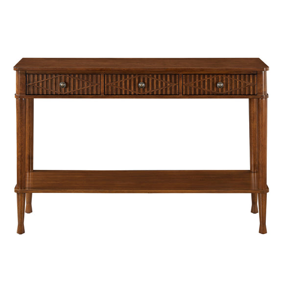 Walnut console table with three reeded diamond-pattern drawers and an open lower shelf