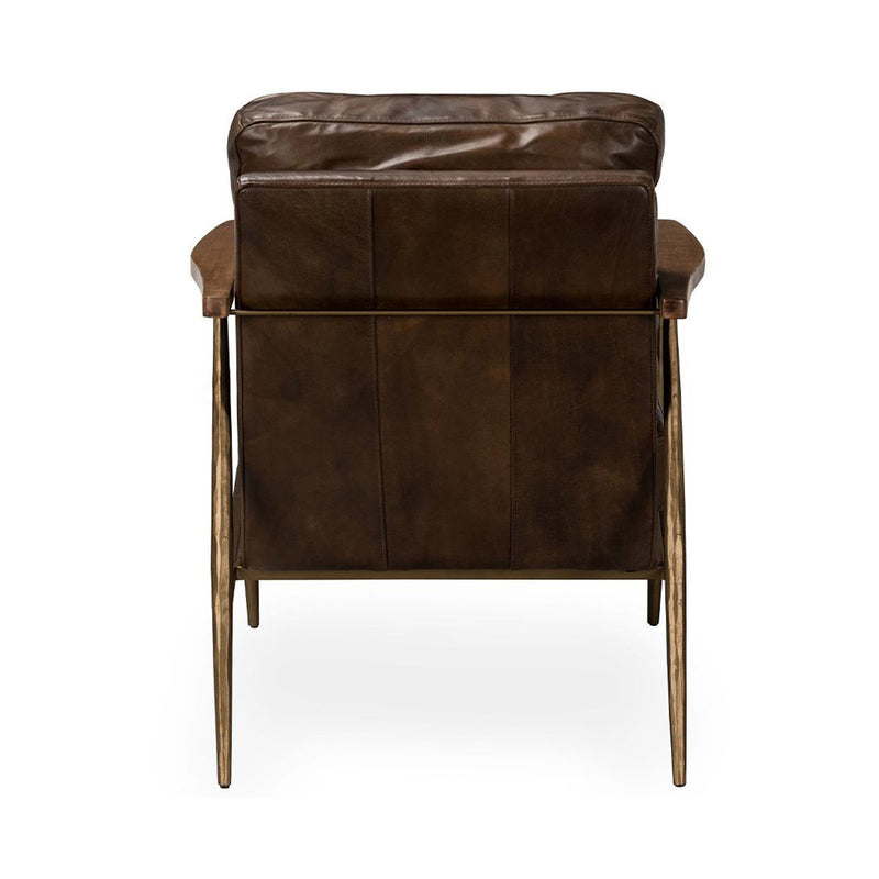 Dark brown leather club chair with stitched panels and tapered legs