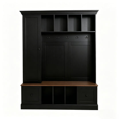 Black hall tree cabinet with 5 hooks, open shelves, and shoe storage bench.