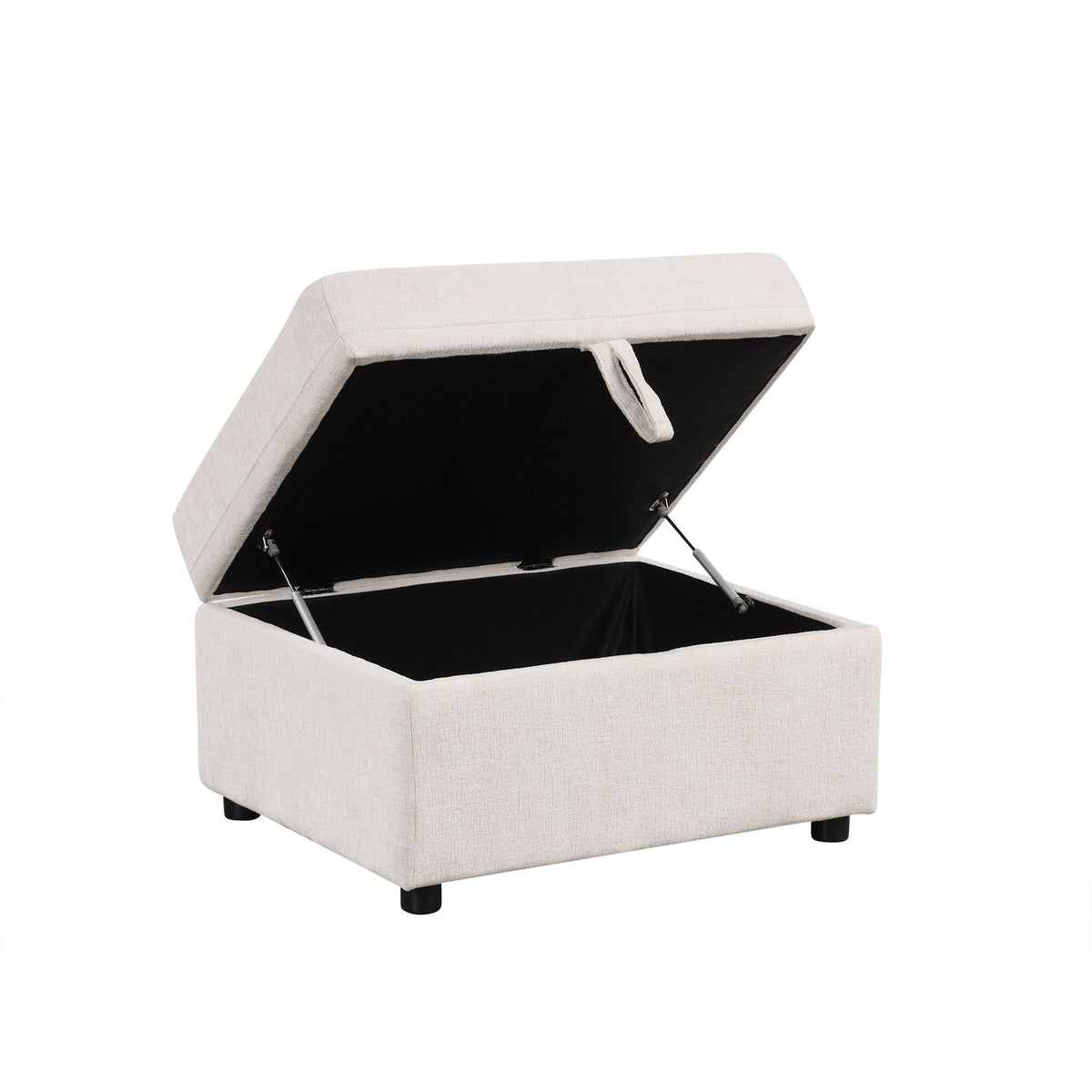 Beige storage ottoman footrest with hinged lid and black interior compartment