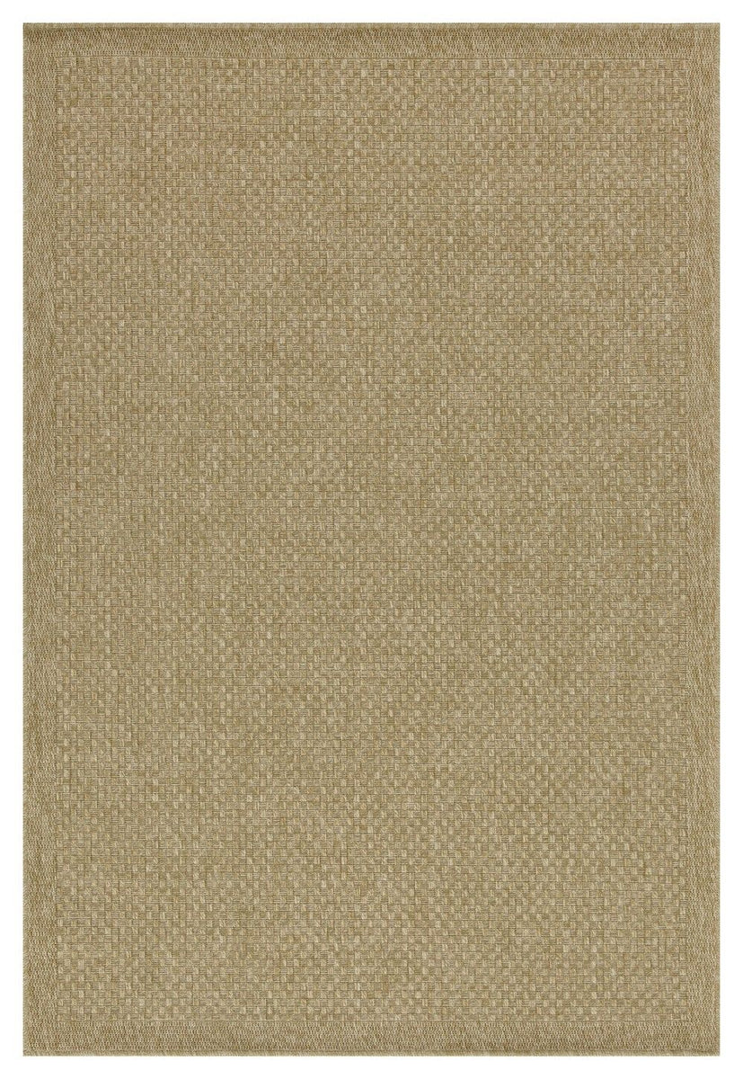 Beige jute area rug, solid textured surface with subtle border