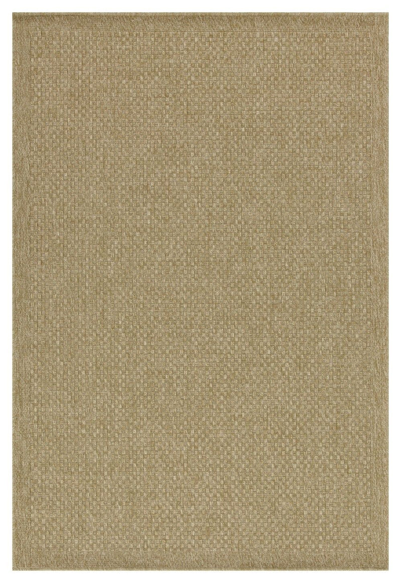 Beige jute area rug, solid textured surface with subtle border