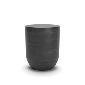 Black round end table with a rounded cylindrical base and flat top