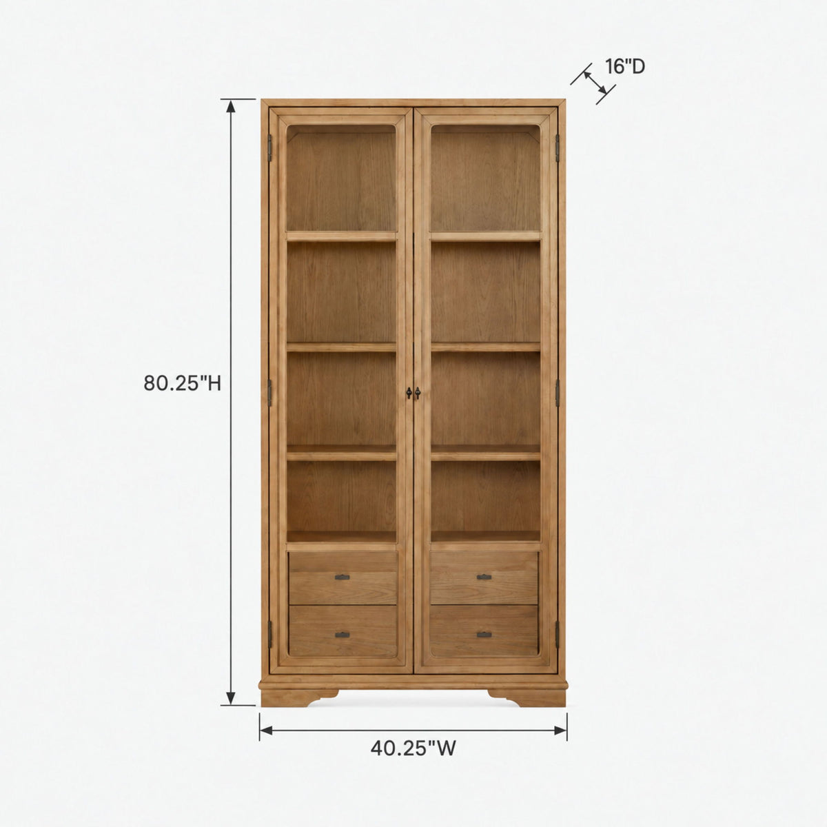 Light brown display cabinet with glass doors; 80.25 inches tall, 40.25 inches wide, 16 inches deep