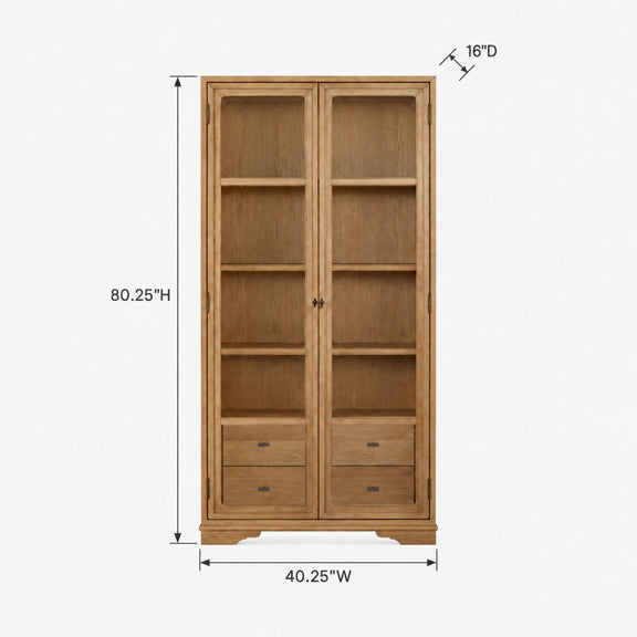 Light brown display cabinet with glass doors; 80.25 inches tall, 40.25 inches wide, 16 inches deep