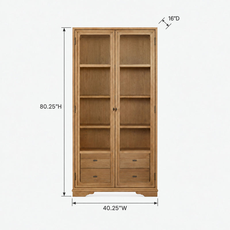 Light brown display cabinet with glass doors; 80.25 inches tall, 40.25 inches wide, 16 inches deep