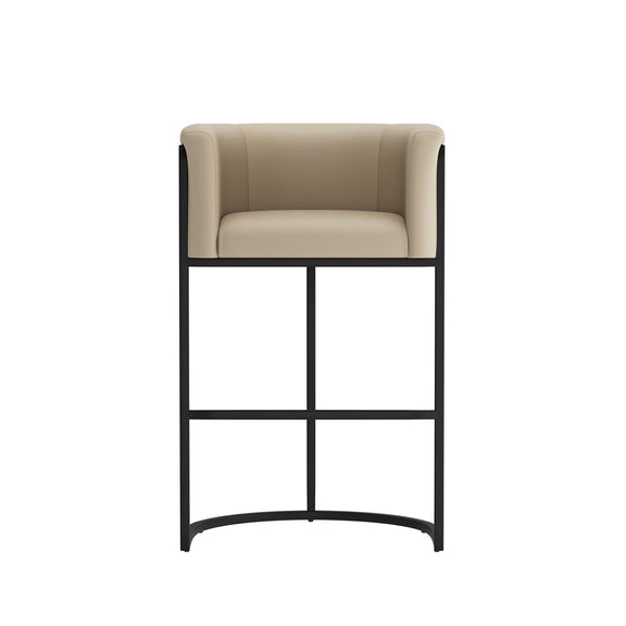Beige upholstered barstool with black metal frame and arched front base