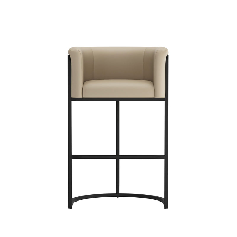Beige upholstered barstool with black metal frame and arched front base