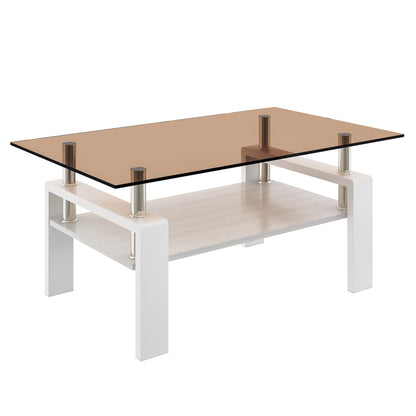 Rectangular coffee table with tinted glass top, dark frame, and open storage shelf