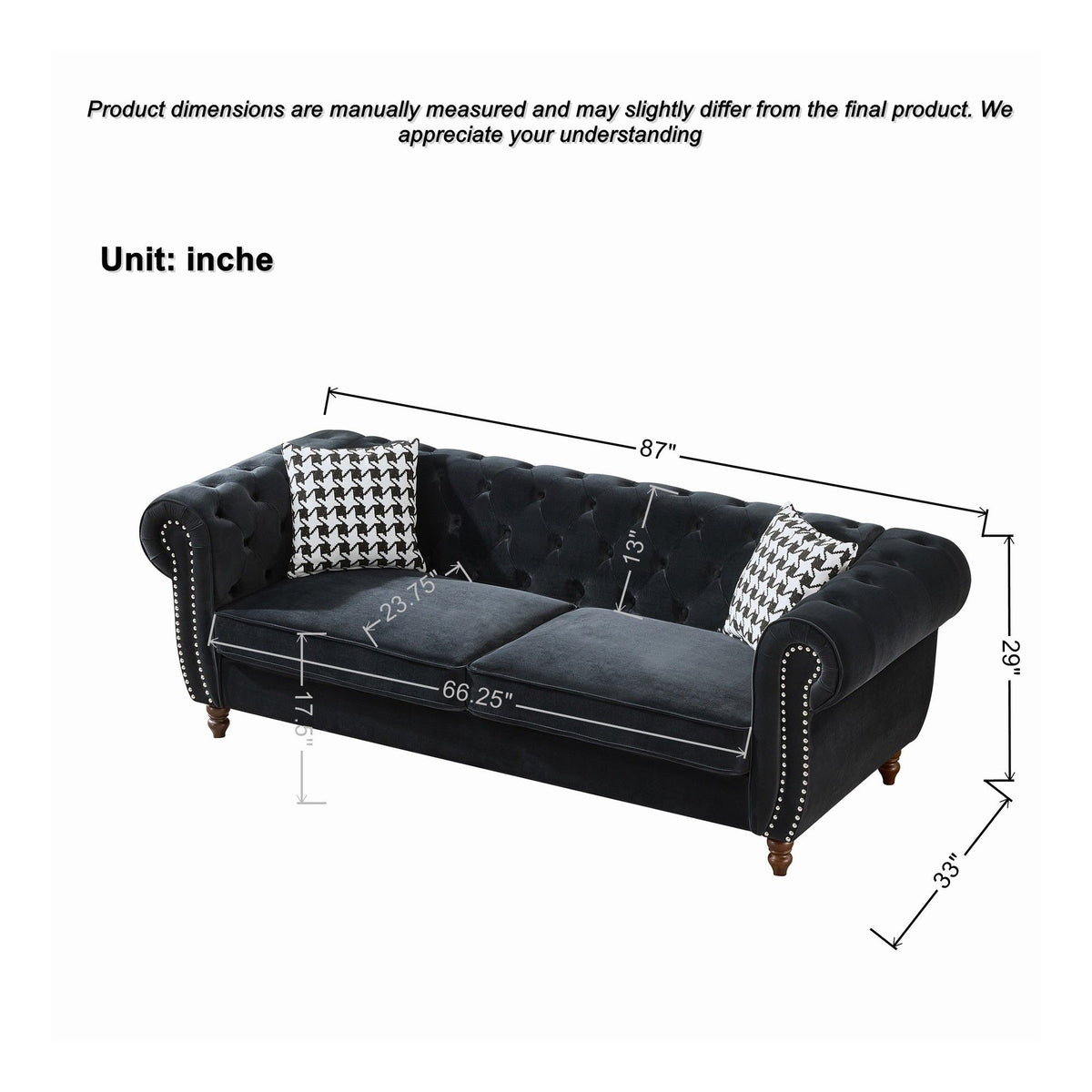 Chesterfield 3 And 2 Seater Velvet Upholstery Sofa With Roll Armrest & Nailhead Fabric Couch