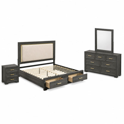 Dark gray bedroom set with upholstered LED headboard, bed, nightstand, dresser, and mirror