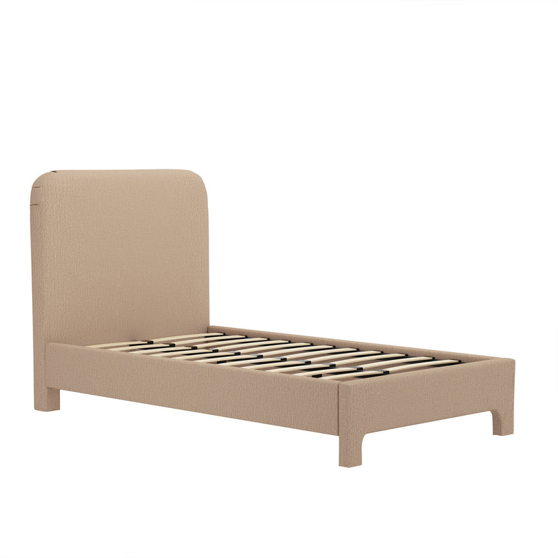 Light brown upholstered bed frame with rounded headboard, footboard, and slat base