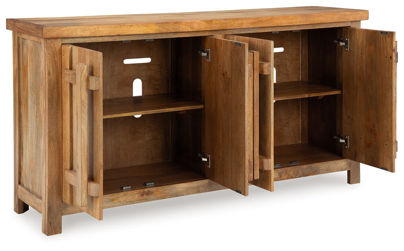 Natural wood accent cabinet with two open doors and interior shelves