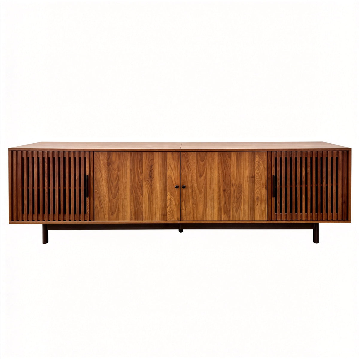 Walnut TV stand with slatted cabinet doors and central storage panel.