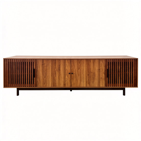 Walnut TV stand with slatted cabinet doors and central storage panel.