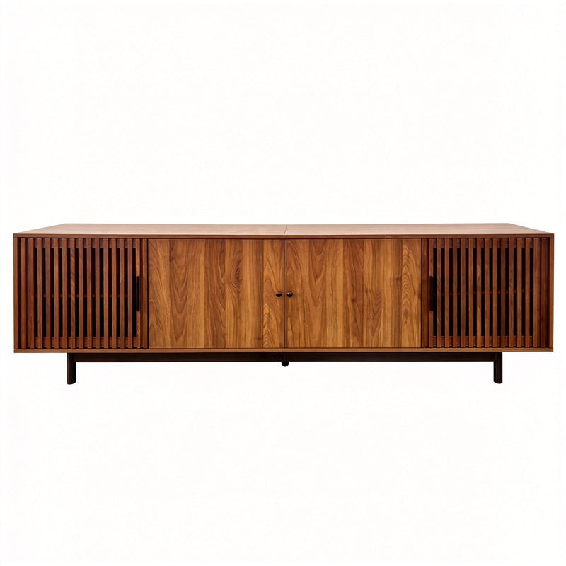 Walnut TV stand with slatted cabinet doors and central storage panel.