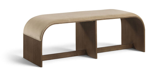 Beige velvet performance fabric upholstered bench with curved backrest and wooden legs