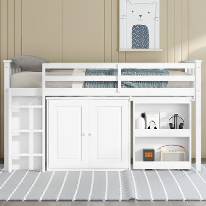 Twin Loft Bed with Storage Cabinet, Drawer and Shelf Cabinet and Pulling-Out Desk, Rubber Wood Loft Bed with Safety Guardrail, Ladder, White