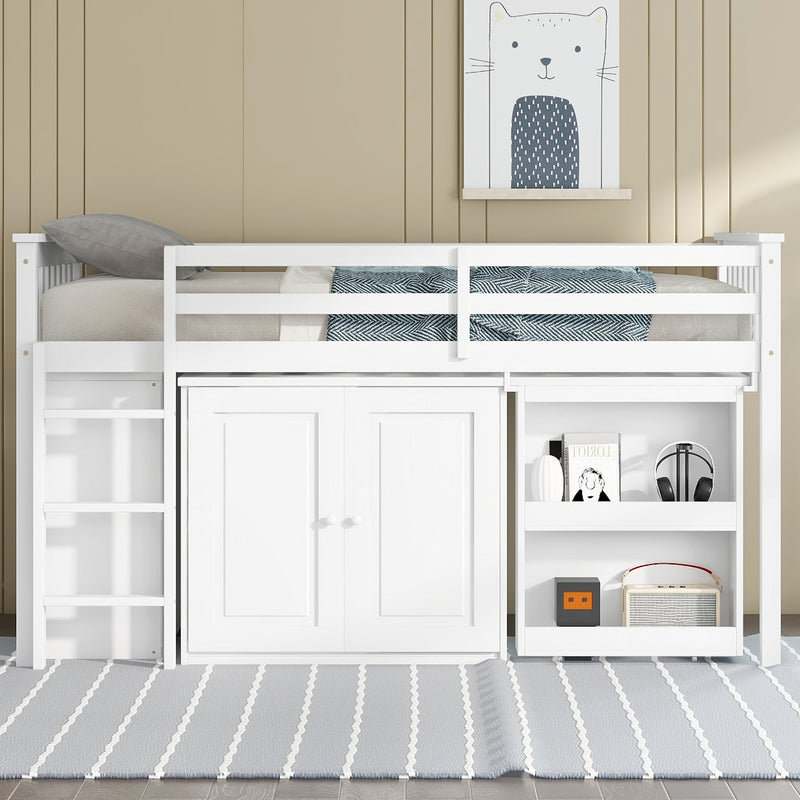 Twin Loft Bed with Storage Cabinet, Drawer and Shelf Cabinet and Pulling-Out Desk, Rubber Wood Loft Bed with Safety Guardrail, Ladder, White