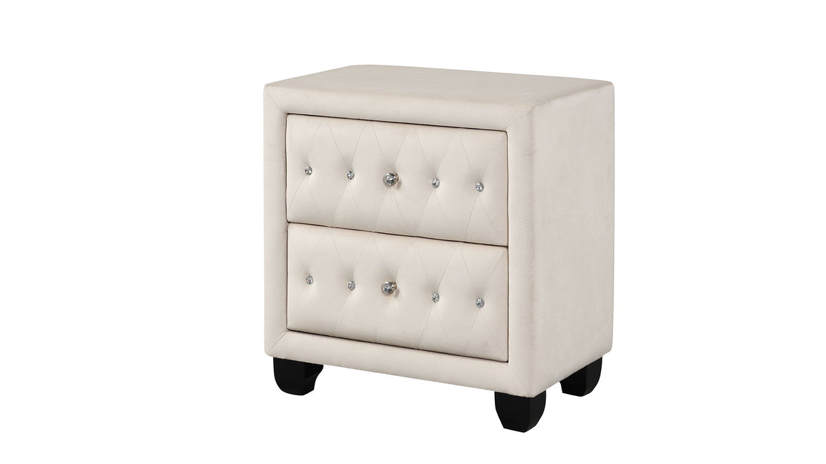 Beige upholstered 2-drawer nightstand with tufted drawer fronts and square sides