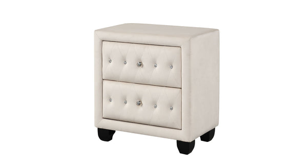 Beige upholstered 2-drawer nightstand with tufted drawer fronts and square sides