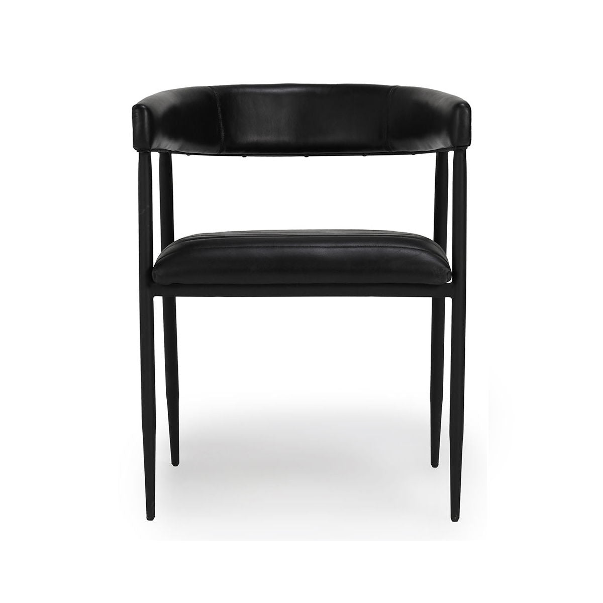 Black dining chair with rounded backrest, cushioned seat, and slim legs