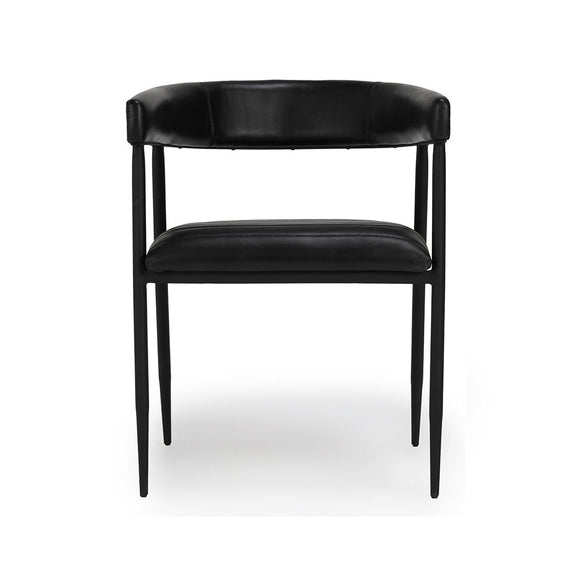 Black dining chair with rounded backrest, cushioned seat, and slim legs