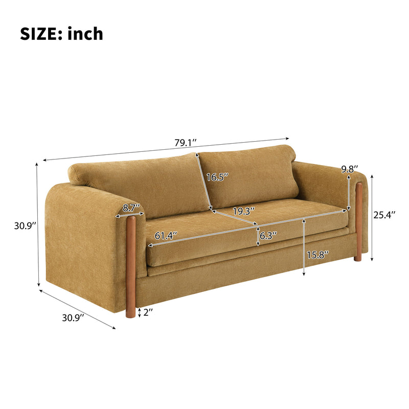 3-seater upholstered couch in tan with size diagram and armrest measurements