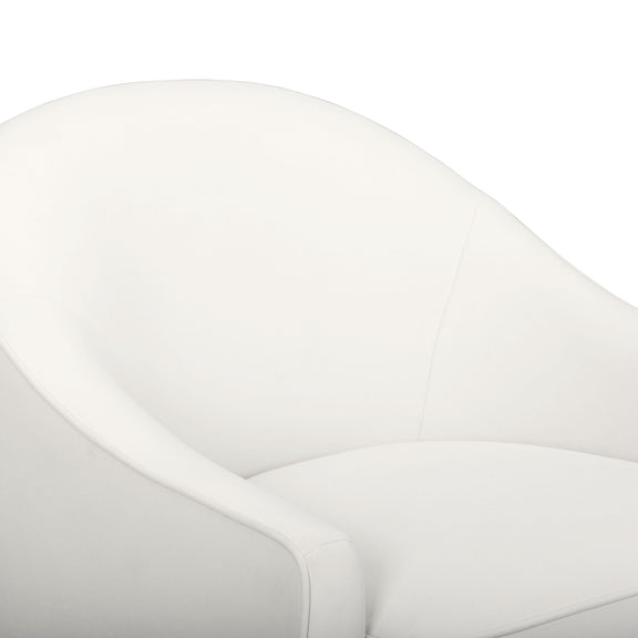 White performance velvet accent chair close-up of curved arm and upholstered seat