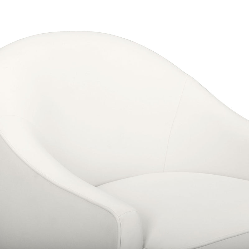 White performance velvet accent chair close-up of curved arm and upholstered seat