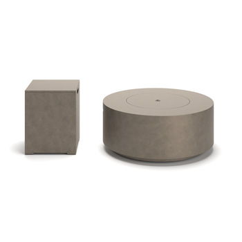 Round light brown fire pit with matching square tank cover