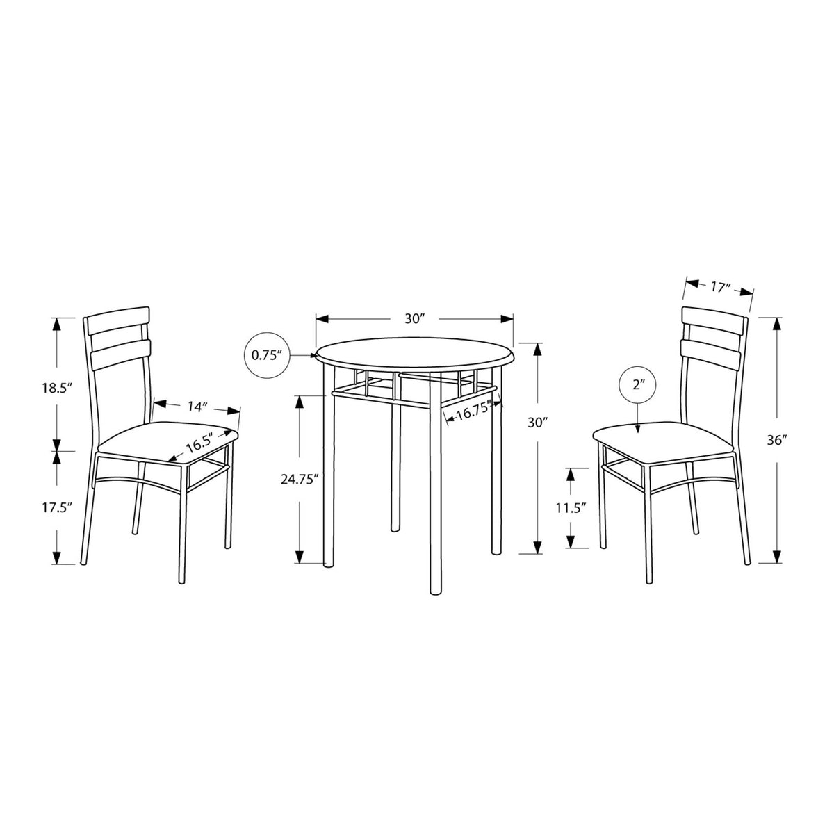 Dining Table Set Small Round 3 Pieces Set - Black