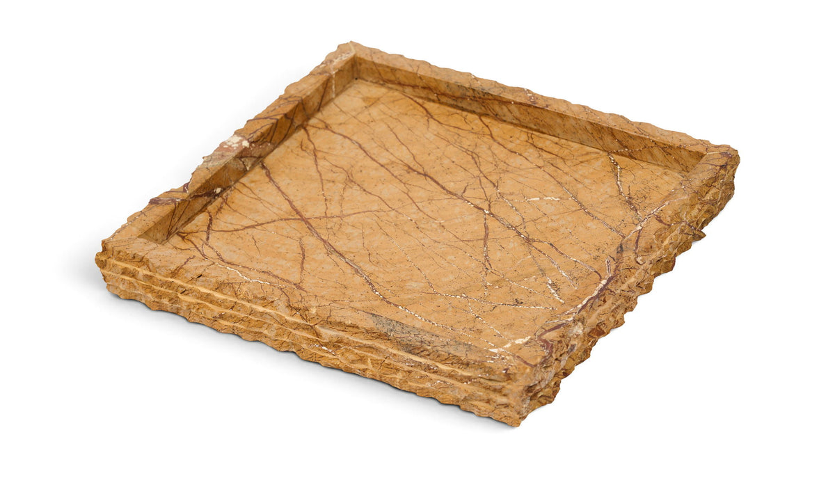 Light brown marble tray with warm veining and squared, chunky border.