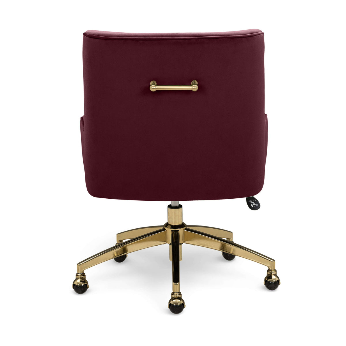 Burgundy office swivel chair with brass handle detail, gold base, and rolling casters
