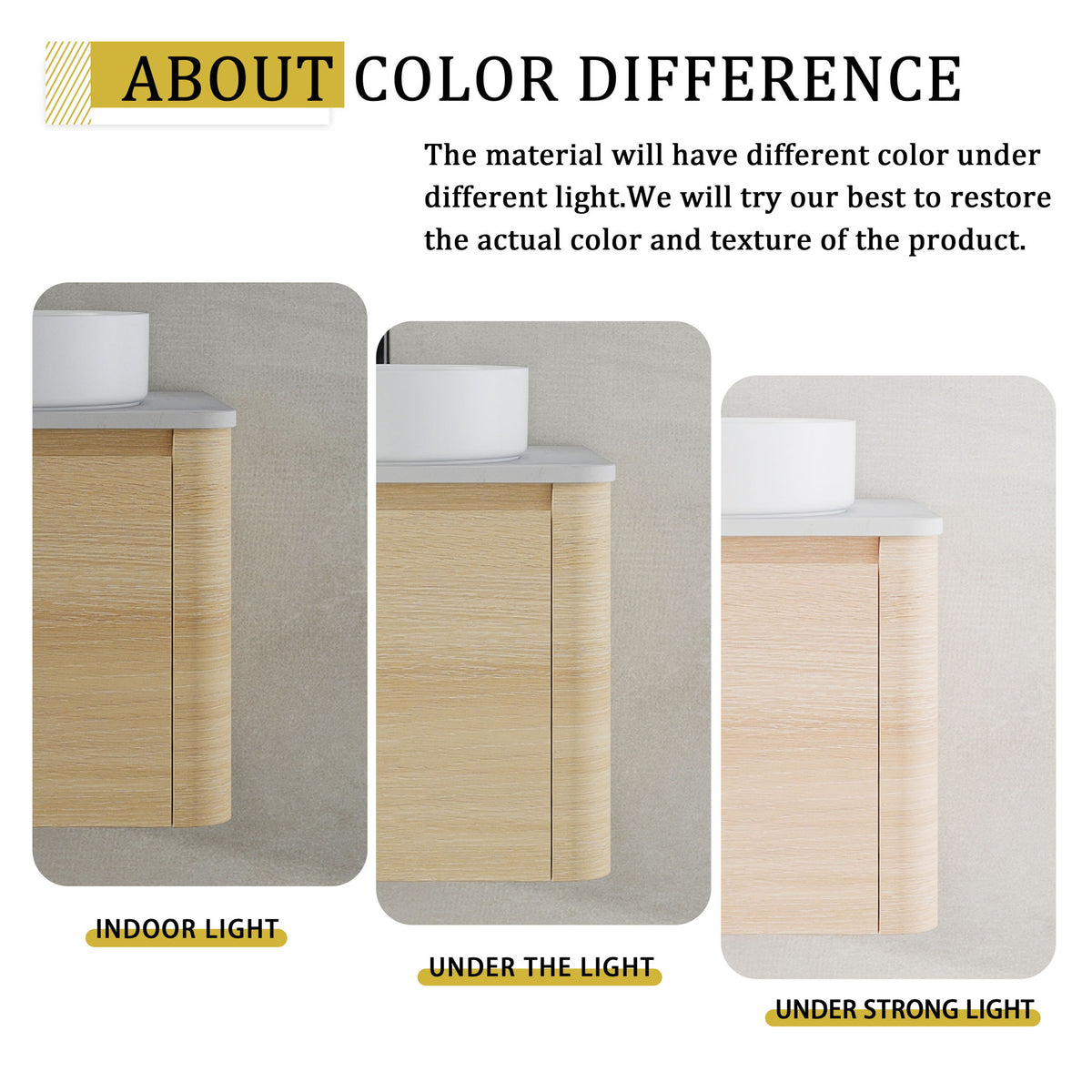 Bathroom vanity color-variation graphic showing light wood cabinet with white art sink