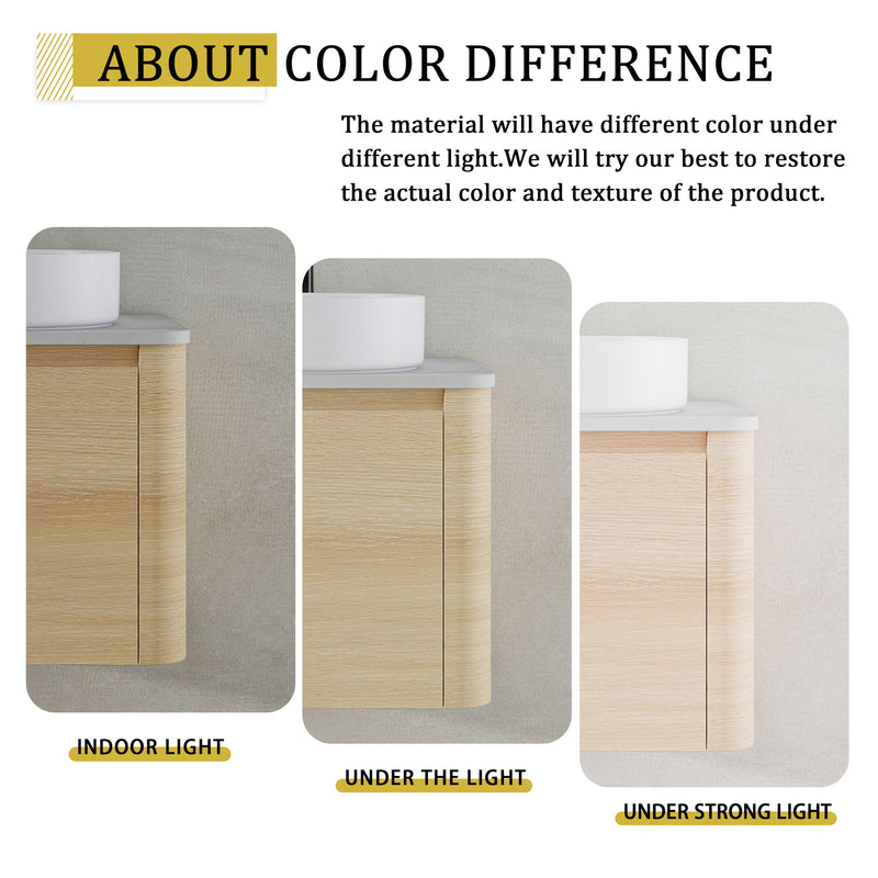Mounted bathroom vanity with vessel sink; color difference may appear under lighting